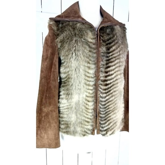 Vintage brown suede leather faux fur zipper jacket Because its by Gino Rossi sue - Picture 4 of 8